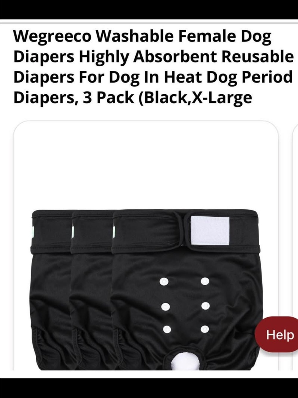 Black Washable Female Dog Diaper - 3 Pack